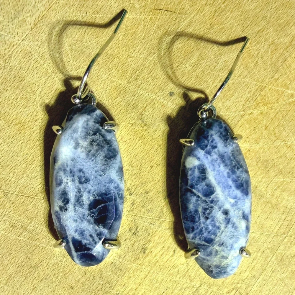 VTG Sodalite Stone Oval Cabochon Drop Earrings Blue Silver Tone Cottagecore Gift